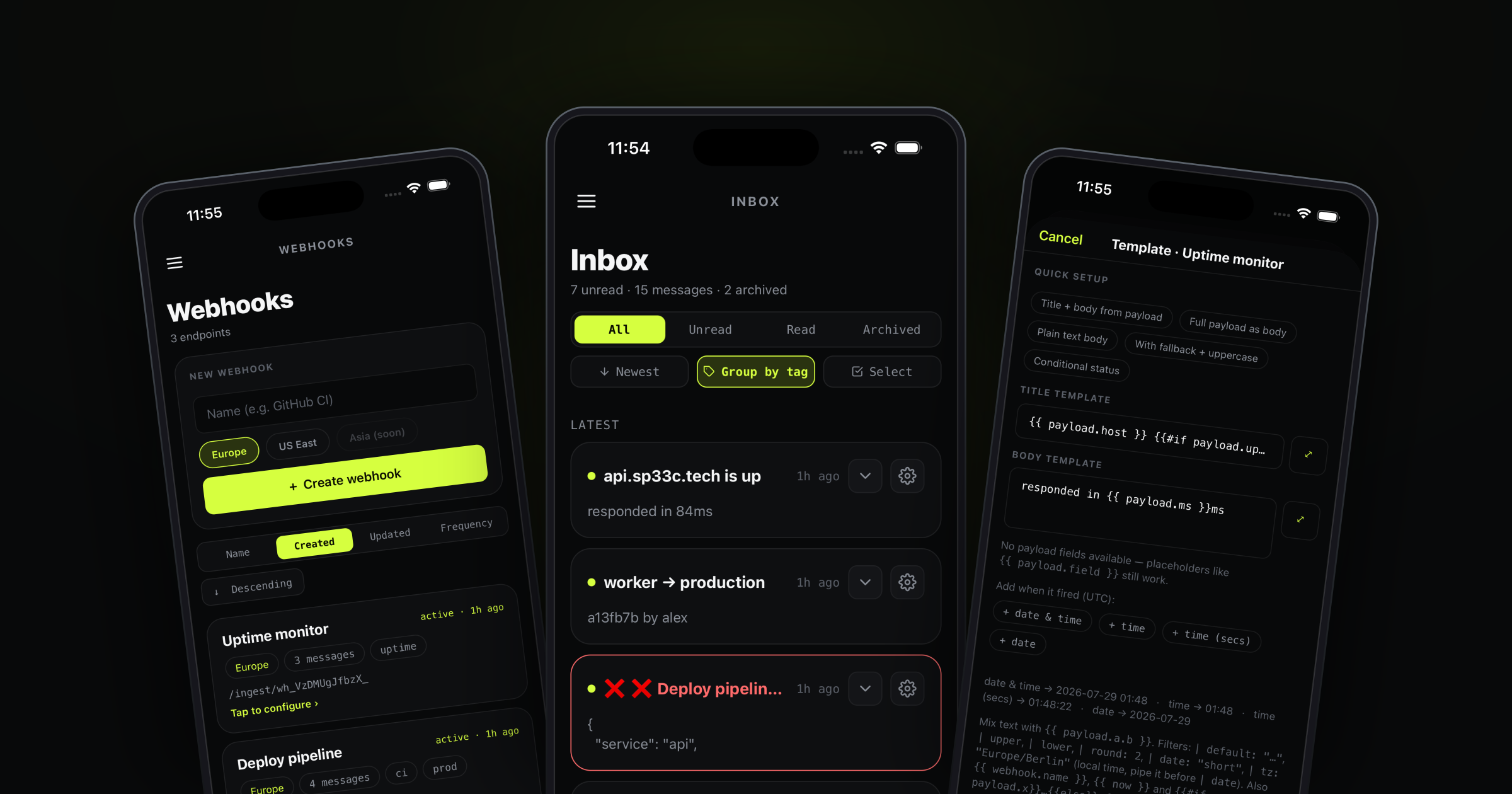 Webhooks, inbox and template editor side by side on three iPhones